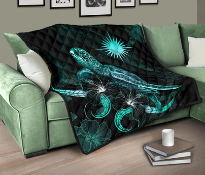 Marshall Islands Polynesian Premium Quilt - Turtle With Blooming Hibiscus Turquoise