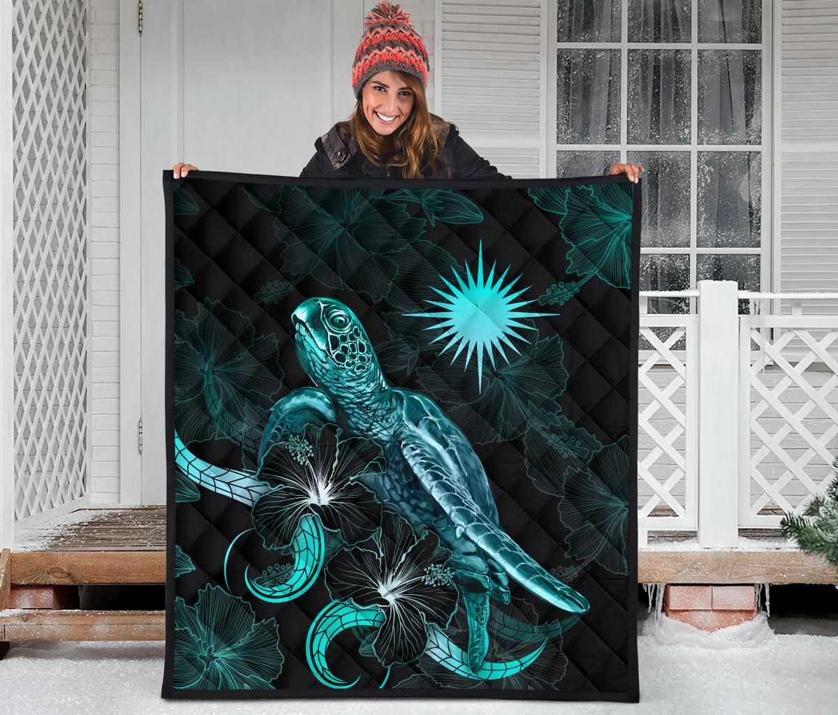 Marshall Islands Polynesian Premium Quilt - Turtle With Blooming Hibiscus Turquoise
