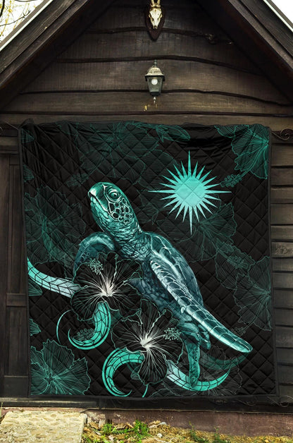 Marshall Islands Polynesian Premium Quilt - Turtle With Blooming Hibiscus Turquoise