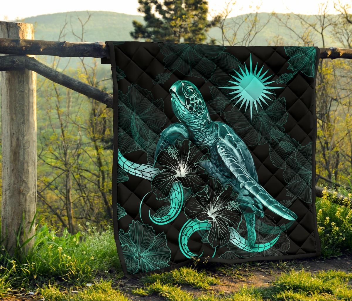 Marshall Islands Polynesian Premium Quilt - Turtle With Blooming Hibiscus Turquoise