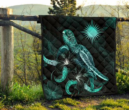Marshall Islands Polynesian Premium Quilt - Turtle With Blooming Hibiscus Turquoise