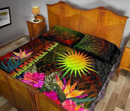 Marshall Islands Polynesian Quilt Bed Set - Hibiscus and Banana Leaves