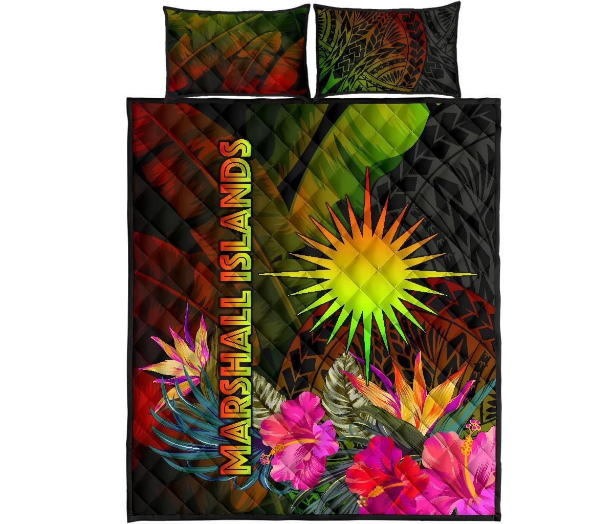 Marshall Islands Polynesian Quilt Bed Set - Hibiscus and Banana Leaves