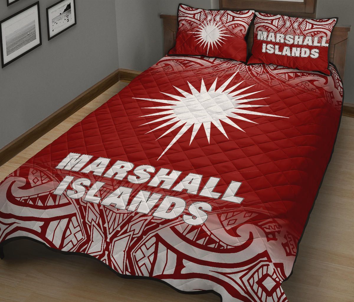 Marshall Islands Quilt Bed Set - Marshall Islands Flag Polynesian Tattoo Red Fog Style