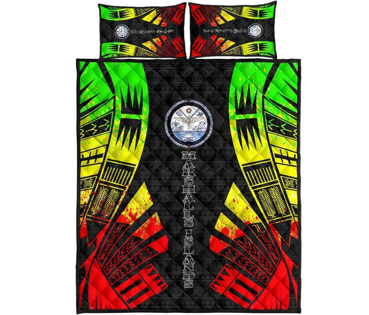 Marshall Islands Quilt Bed Set - Marshall Islands Seal & Polynesian Reggae Tattoo Style