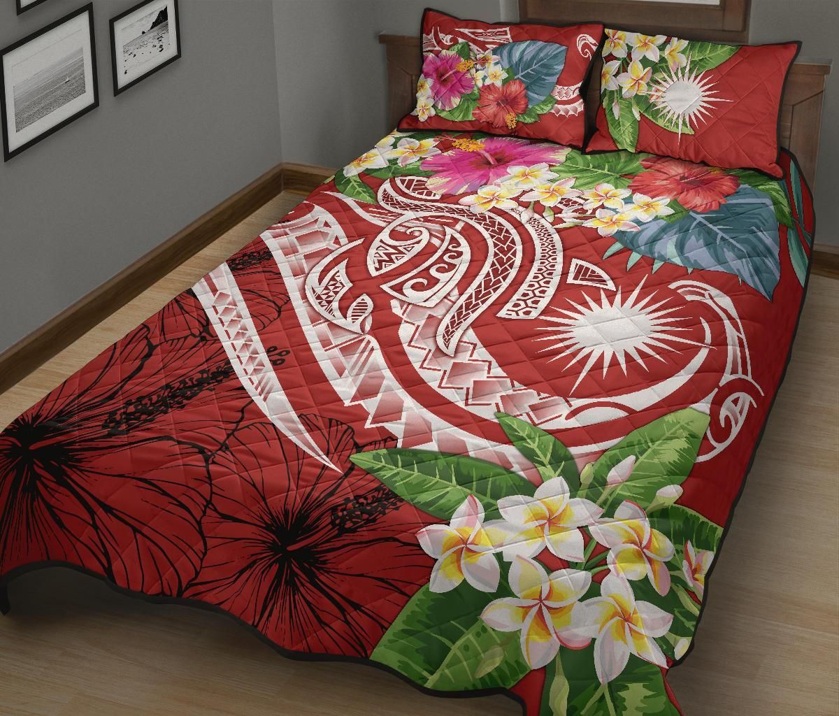 Marshall Islands Polynesian Quilt Bed Set - Summer Plumeria (Red)