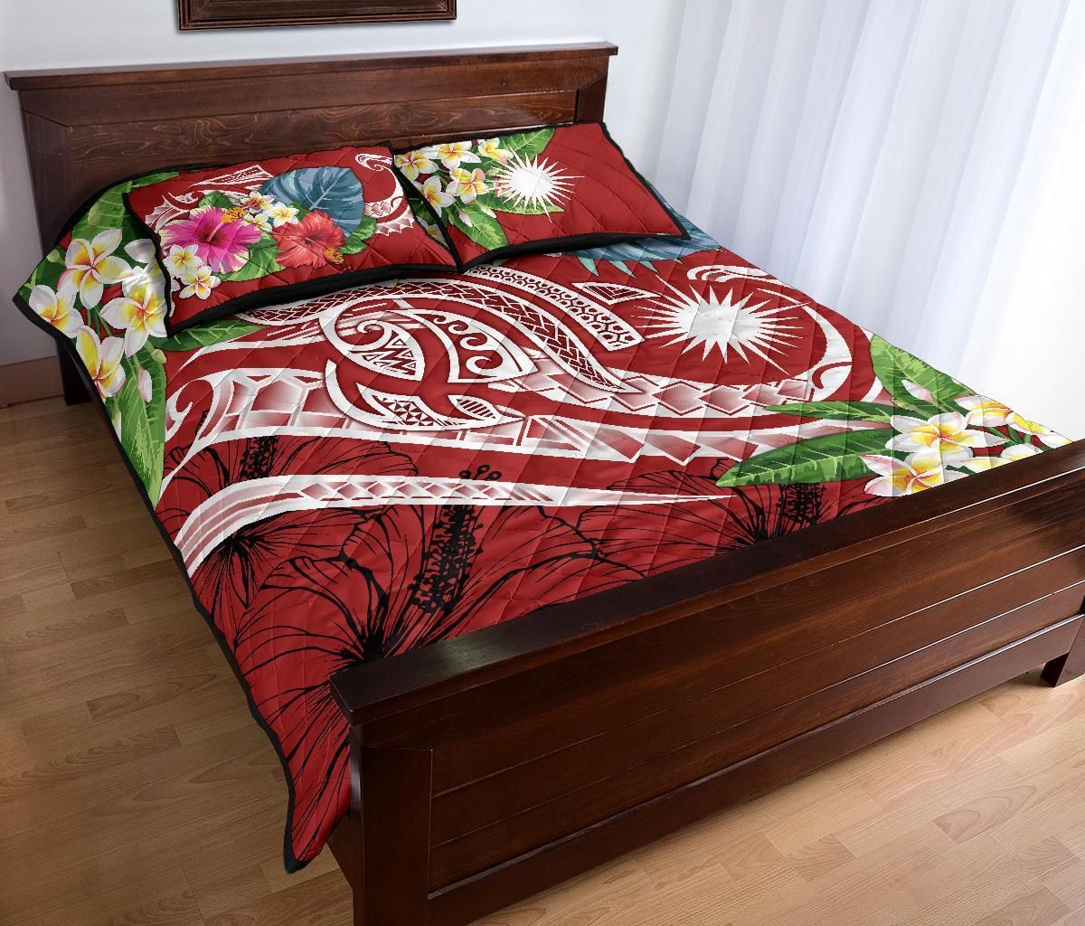 Marshall Islands Polynesian Quilt Bed Set - Summer Plumeria (Red)
