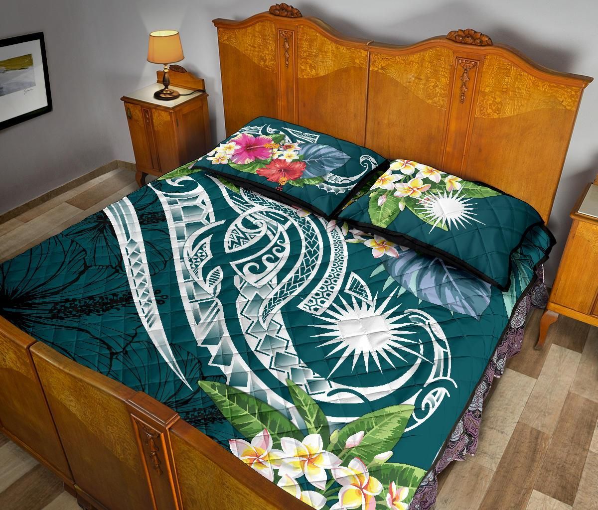 Marshall Islands Polynesian Quilt Bed Set - Summer Plumeria (Turquoise)