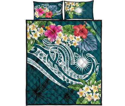 Marshall Islands Polynesian Quilt Bed Set - Summer Plumeria (Turquoise)