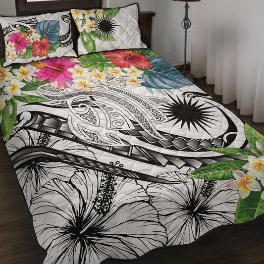 Marshall Islands Polynesian Quilt Bed Set - Summer Plumeria (White)