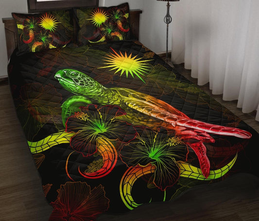 Marshall Islands Polynesian Quilt Bed Set - Turtle With Blooming Hibiscus Reggae