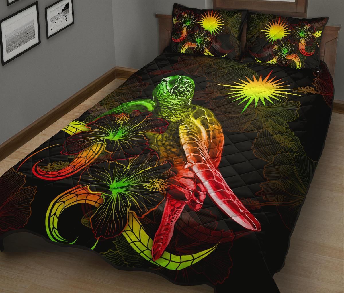 Marshall Islands Polynesian Quilt Bed Set - Turtle With Blooming Hibiscus Reggae