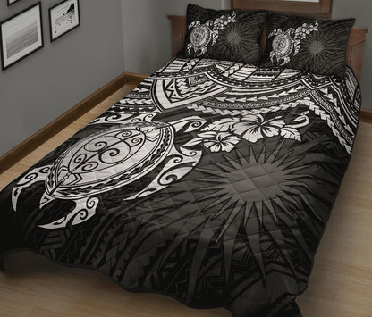 Marshall Islands Polynesian Quilt Bed Set - Marshall Islands Flag & White Turtle Hibiscus