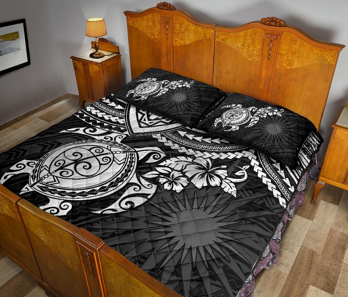 Marshall Islands Polynesian Quilt Bed Set - Marshall Islands Flag & White Turtle Hibiscus