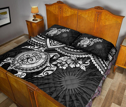 Marshall Islands Polynesian Quilt Bed Set - Marshall Islands Flag & White Turtle Hibiscus
