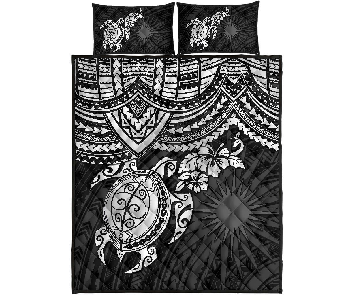Marshall Islands Polynesian Quilt Bed Set - Marshall Islands Flag & White Turtle Hibiscus