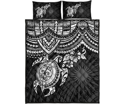 Marshall Islands Polynesian Quilt Bed Set - Marshall Islands Flag & White Turtle Hibiscus