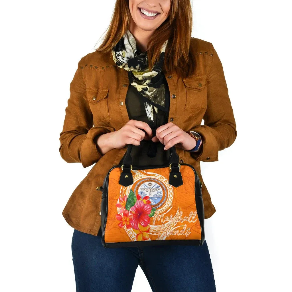 Marshall Islands Polynesian Shoulder Handbag - Orange Floral With Seal
