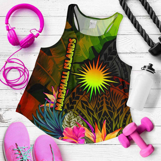 Marshall Islands Polynesian Women Racerback Tank - Hibiscus and Banana Leaves