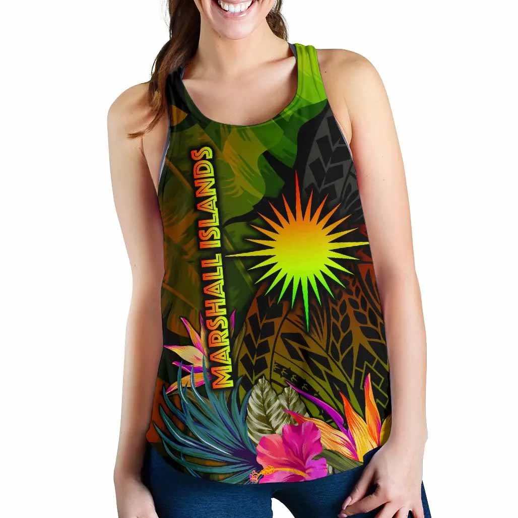 Marshall Islands Polynesian Women Racerback Tank - Hibiscus and Banana Leaves