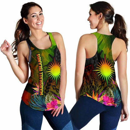 Marshall Islands Polynesian Women Racerback Tank - Hibiscus and Banana Leaves