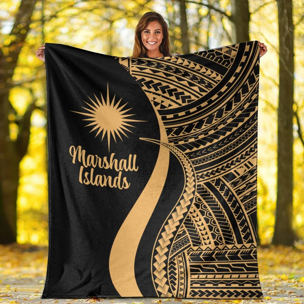 Marshall Islands Premium Blanket - Gold Polynesian Tentacle Tribal Pattern