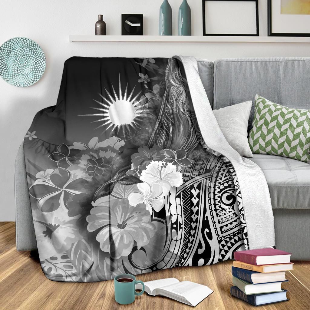 Marshall Islands Premium Blanket - Humpback Whale with Tropical Flowers (White)