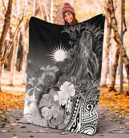 Marshall Islands Premium Blanket - Humpback Whale with Tropical Flowers (White)