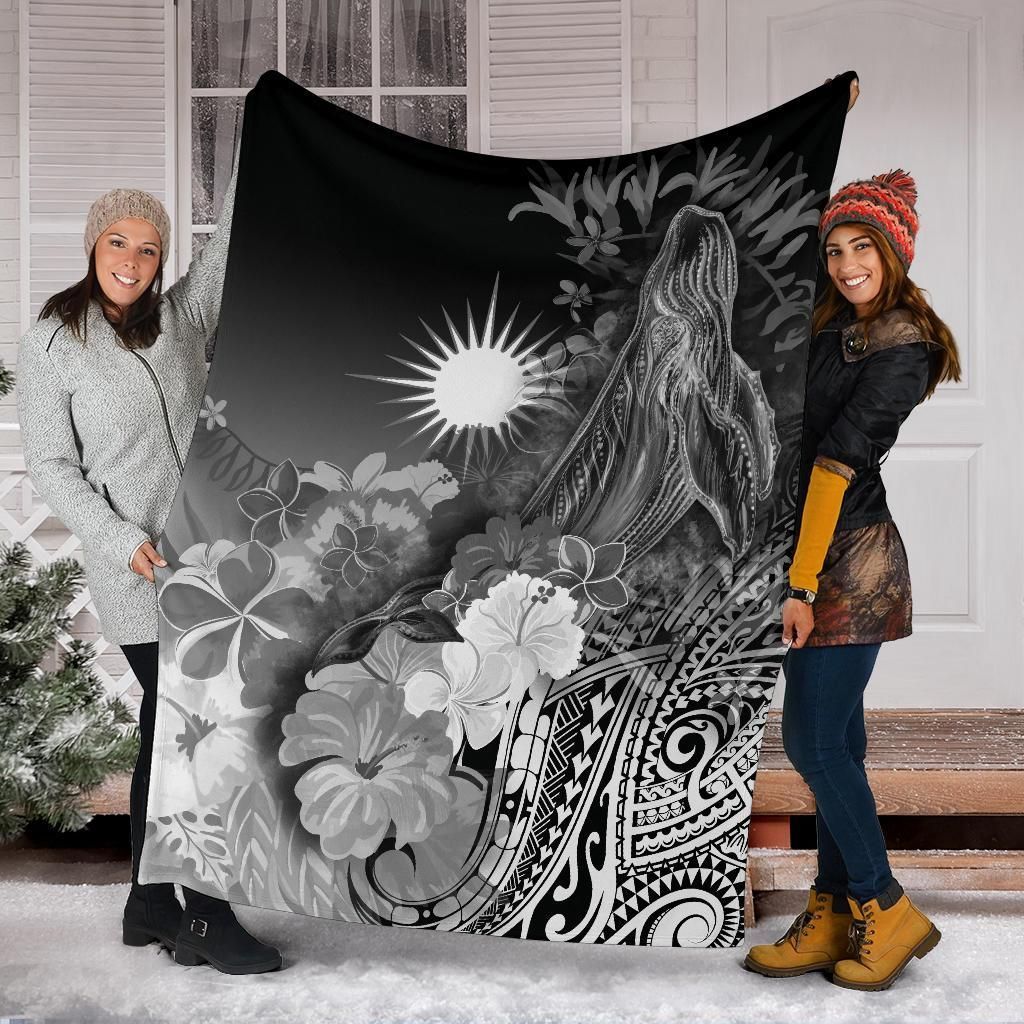 Marshall Islands Premium Blanket - Humpback Whale with Tropical Flowers (White)