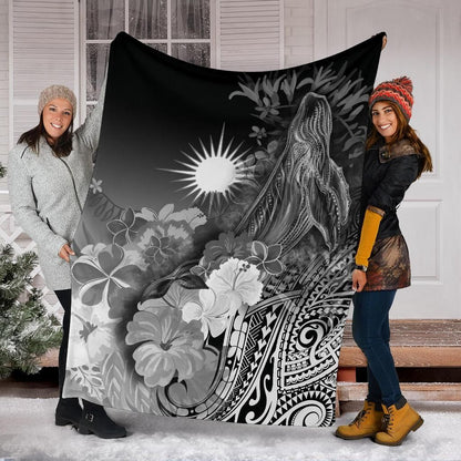 Marshall Islands Premium Blanket - Humpback Whale with Tropical Flowers (White)