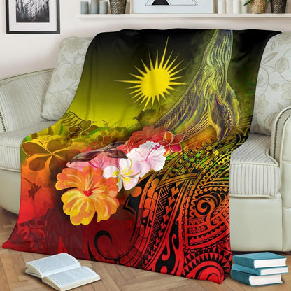 Marshall Islands Premium Blanket - Humpback Whale with Tropical Flowers (Yellow)