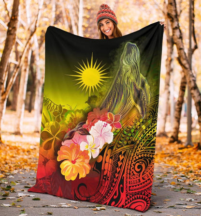 Marshall Islands Premium Blanket - Humpback Whale with Tropical Flowers (Yellow)