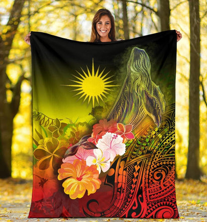 Marshall Islands Premium Blanket - Humpback Whale with Tropical Flowers (Yellow)