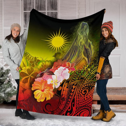 Marshall Islands Premium Blanket - Humpback Whale with Tropical Flowers (Yellow)