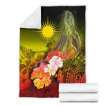 Marshall Islands Premium Blanket - Humpback Whale with Tropical Flowers (Yellow)