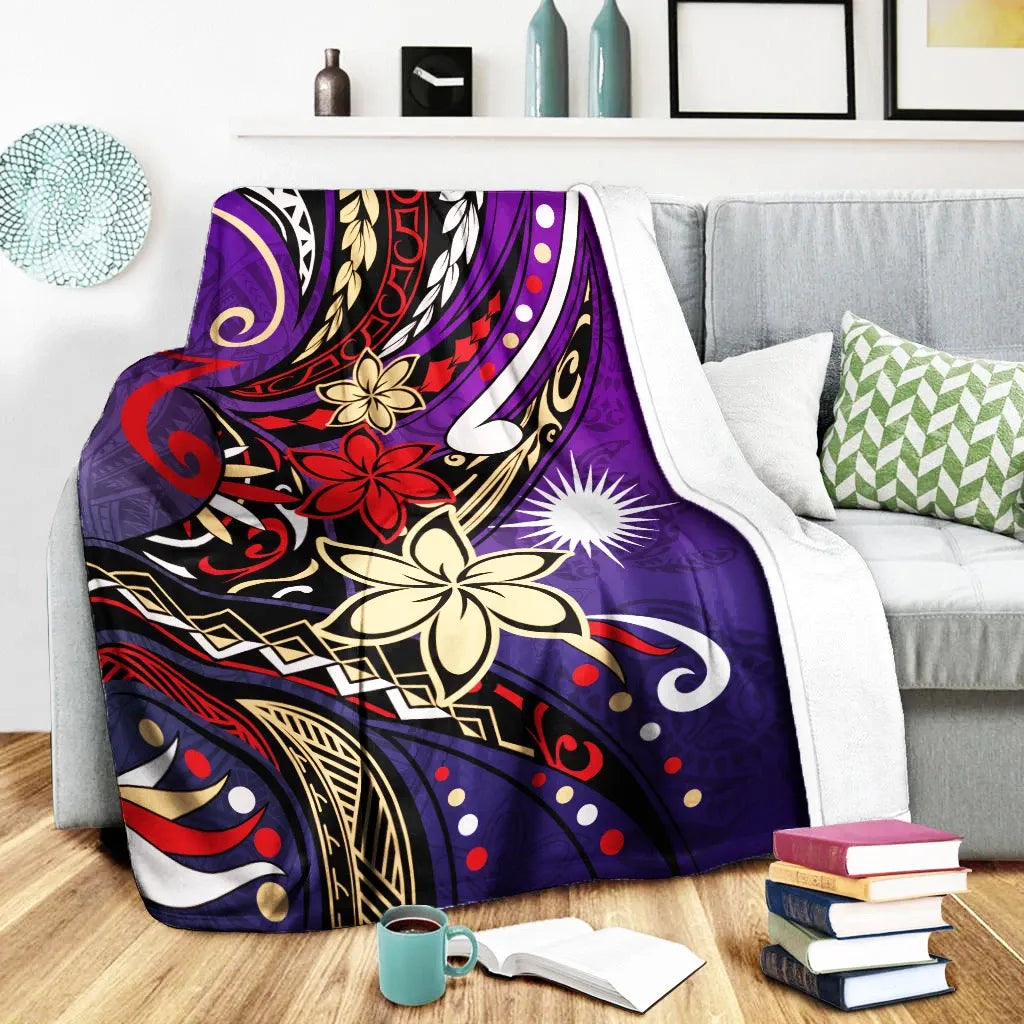 Marshall Islands Premium Blanket - Tribal Flower With Special Turtles Purple Color