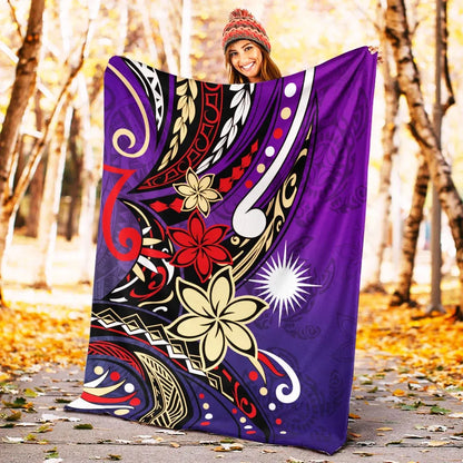 Marshall Islands Premium Blanket - Tribal Flower With Special Turtles Purple Color