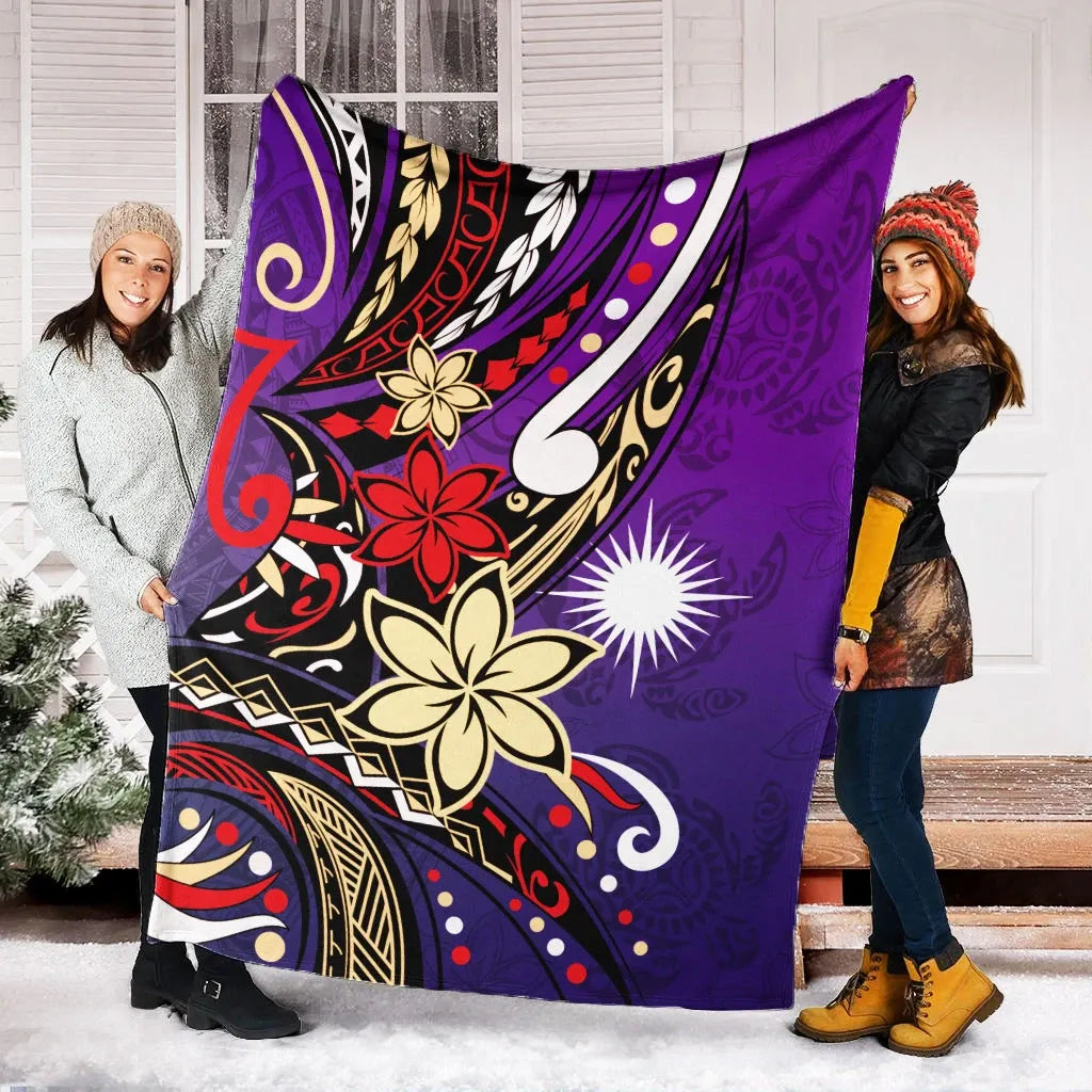 Marshall Islands Premium Blanket - Tribal Flower With Special Turtles Purple Color