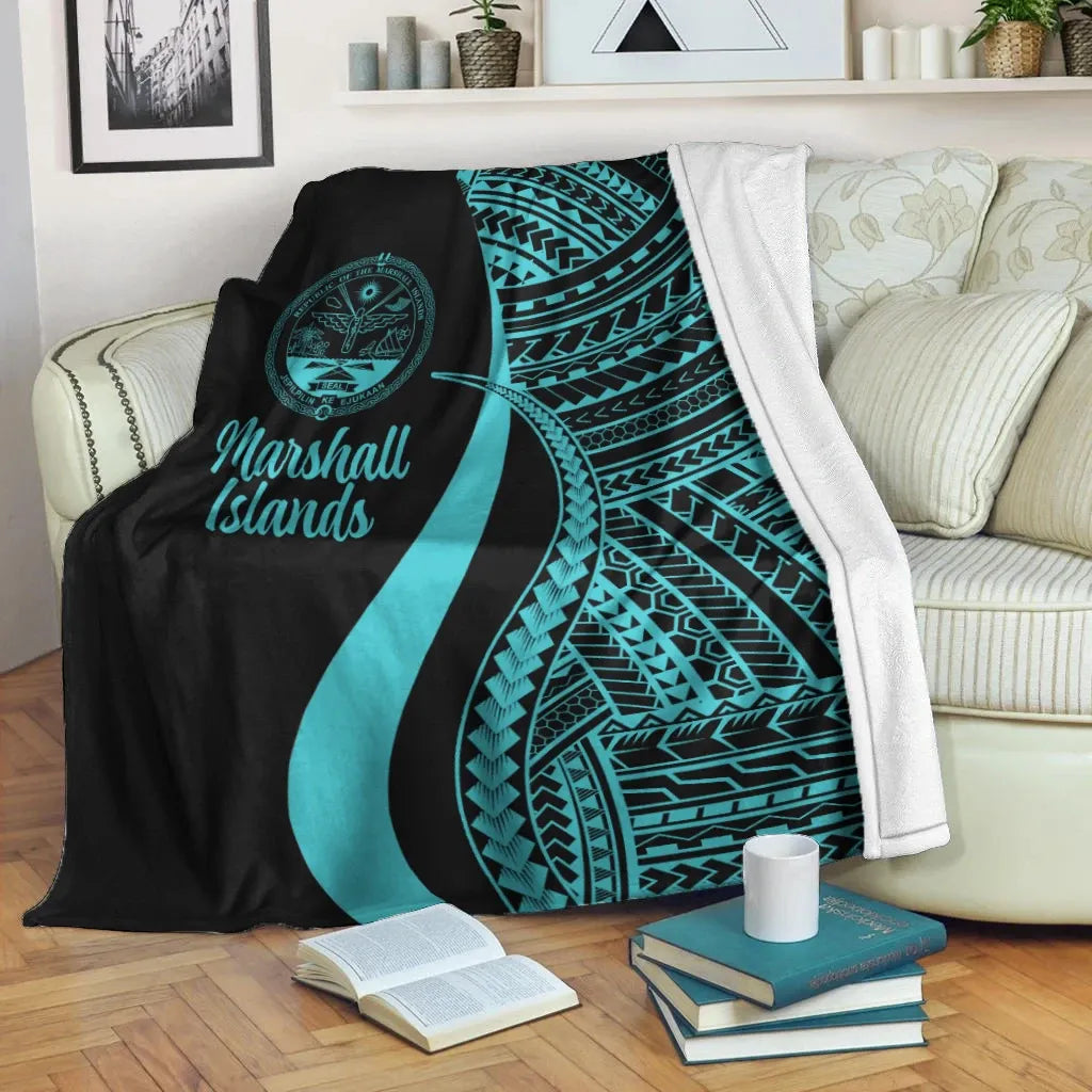Marshall Islands Premium Blanket - Turquoise Polynesian Tentacle Tribal Pattern Crest