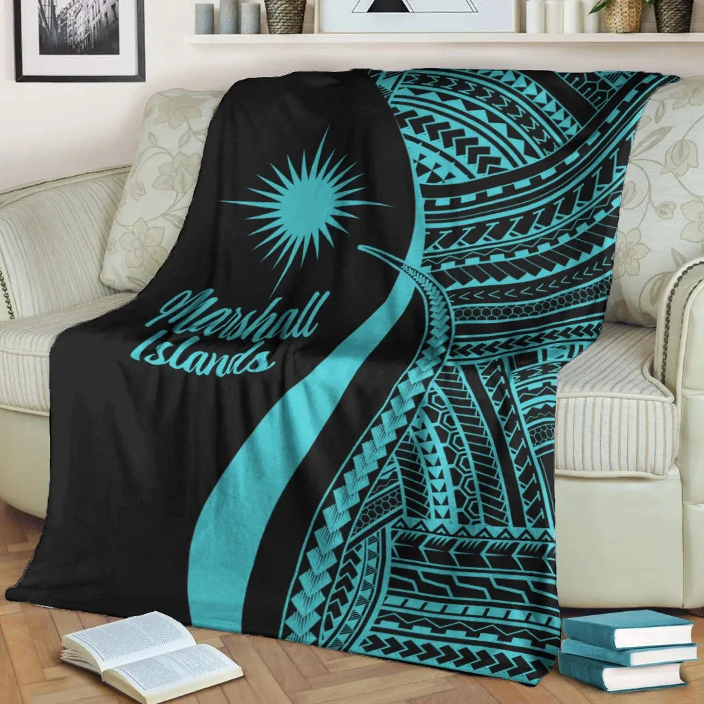 Marshall Islands Premium Blanket - Turquoise Polynesian Tentacle Tribal Pattern