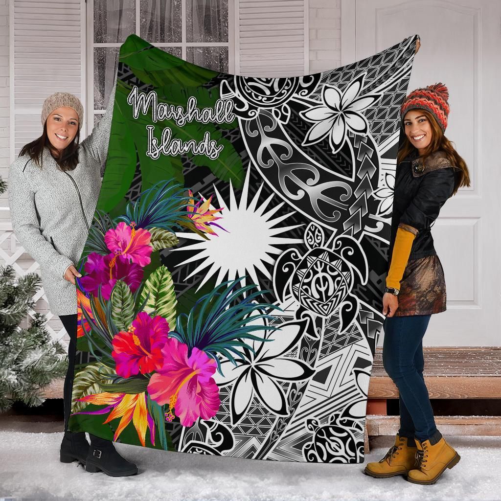 Marshall Islands Premium Blanket - Turtle Plumeria Banana Leaf
