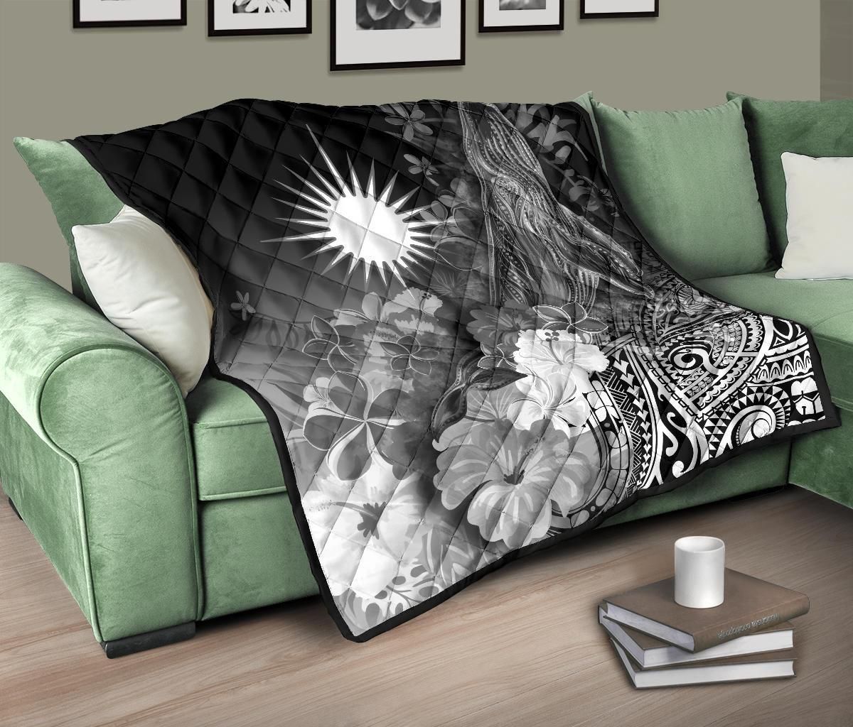 Marshall Islands Premium Quilt - Humpback Whale with Tropical Flowers (White)