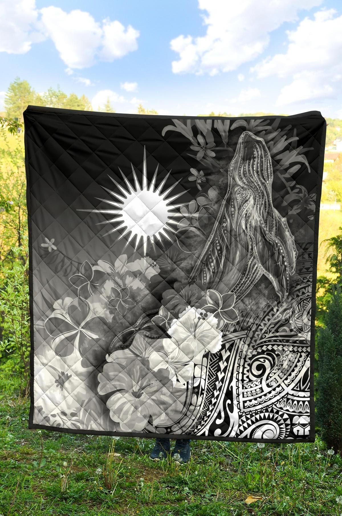Marshall Islands Premium Quilt - Humpback Whale with Tropical Flowers (White)