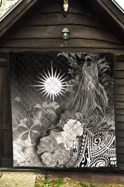 Marshall Islands Premium Quilt - Humpback Whale with Tropical Flowers (White)