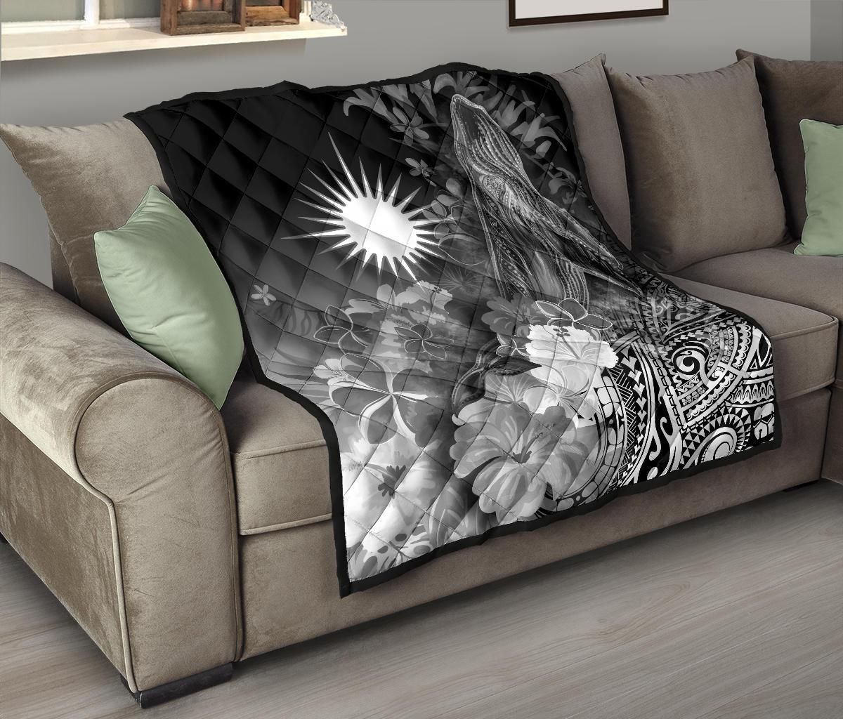 Marshall Islands Premium Quilt - Humpback Whale with Tropical Flowers (White)