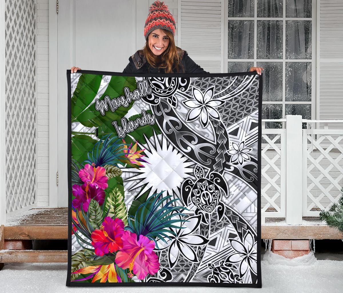 Marshall Islands Premium Quilt White - Turtle Plumeria Banana Leaf