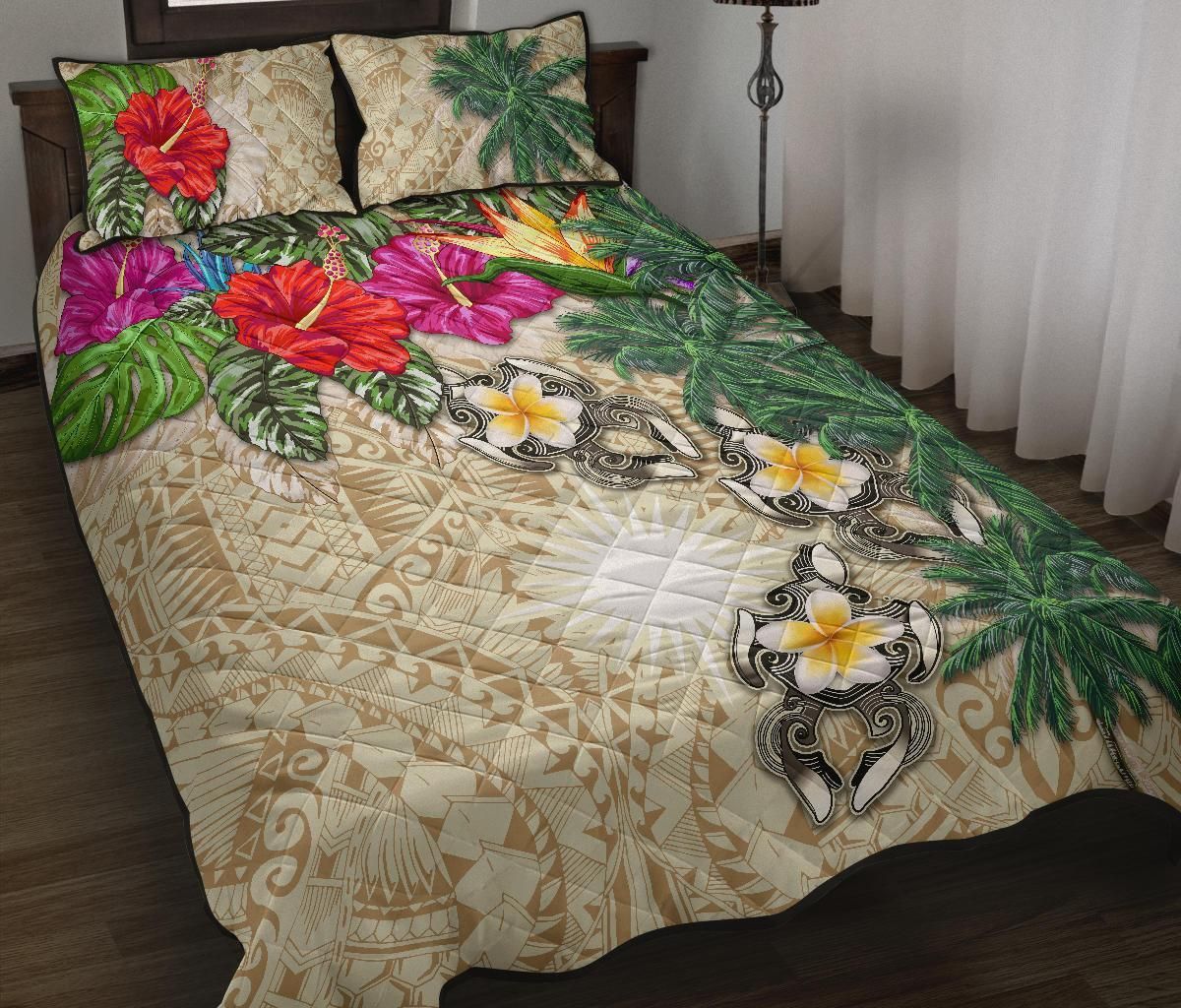 Marshall Islands Polynesian Quilt Bed Set - Hibiscus Turtle Tattoo Beige