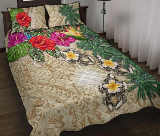 Marshall Islands Polynesian Quilt Bed Set - Hibiscus Turtle Tattoo Beige
