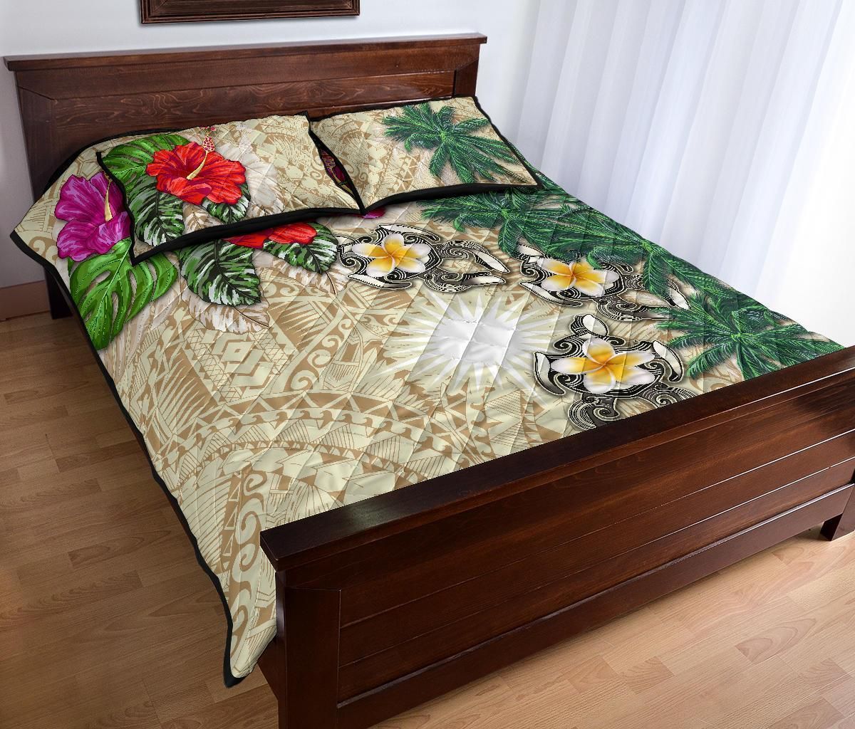 Marshall Islands Polynesian Quilt Bed Set - Hibiscus Turtle Tattoo Beige