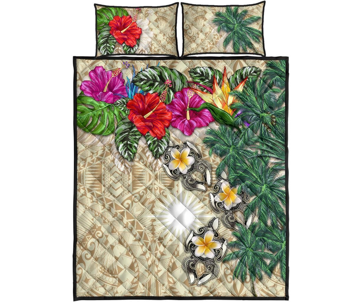 Marshall Islands Polynesian Quilt Bed Set - Hibiscus Turtle Tattoo Beige